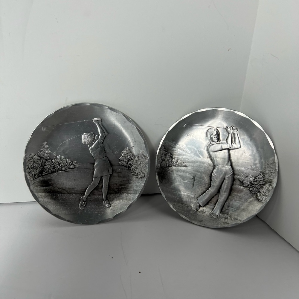 Wendell August Forge Hammered Aluminum Golfer Set Of 2 Coasters Trinket Tray Vtg